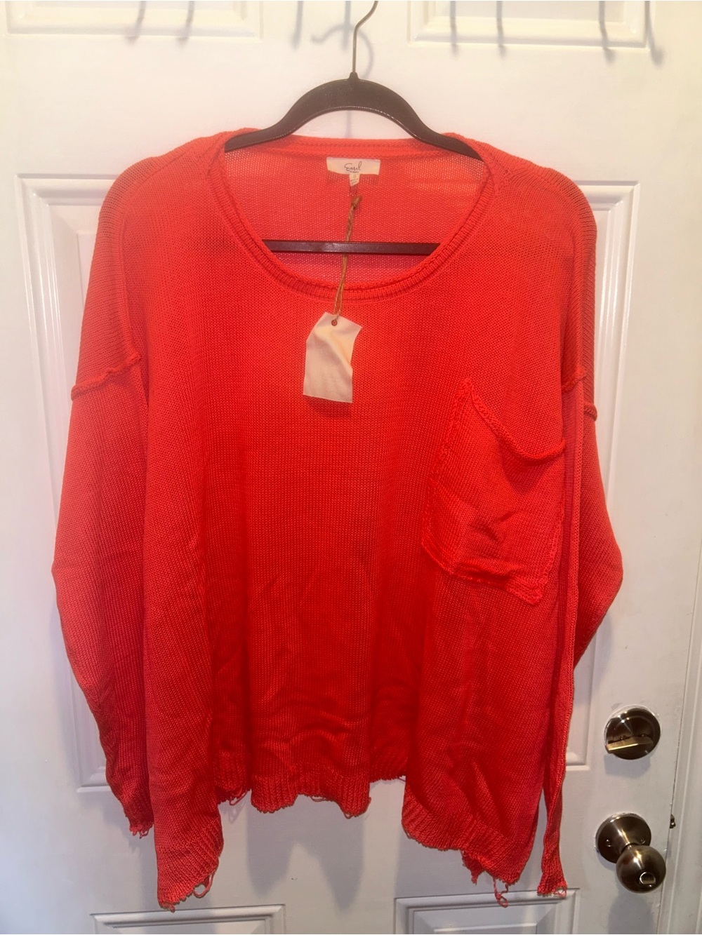 Easel Bright Orange Lightweight Knit Pocket Oversized Sweater
